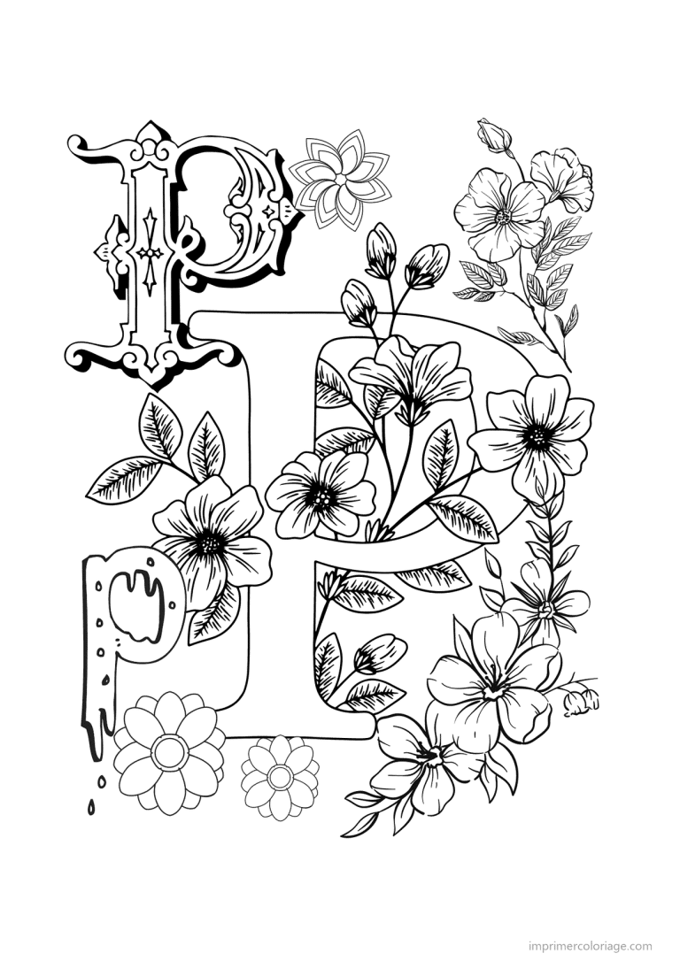 coloriage lettre p fleurs realistes - dessin gratuit &agrave; imprimer