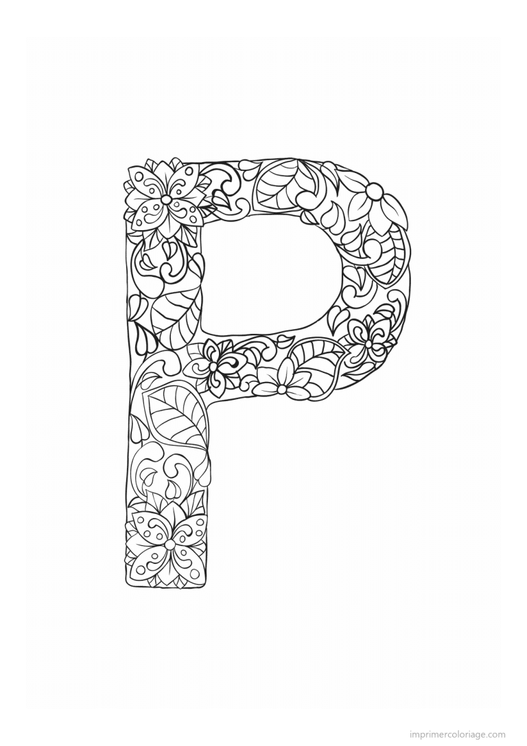 coloriage lettre p fleurs zen - dessin gratuit &agrave; imprimer