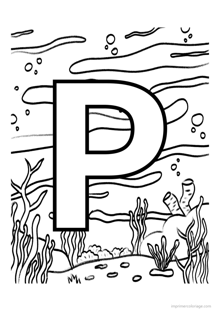 coloriage lettre p fond marin - dessin gratuit &agrave; imprimer