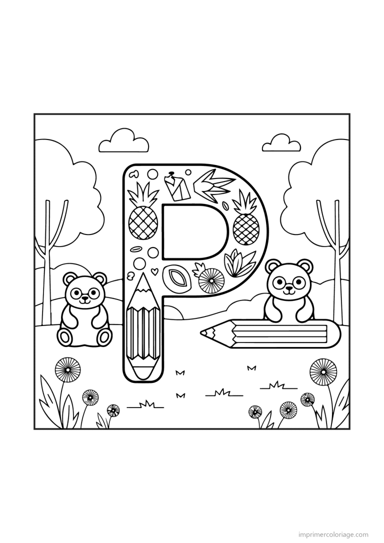 coloriage lettre p scene illustree - dessin gratuit &agrave; imprimer