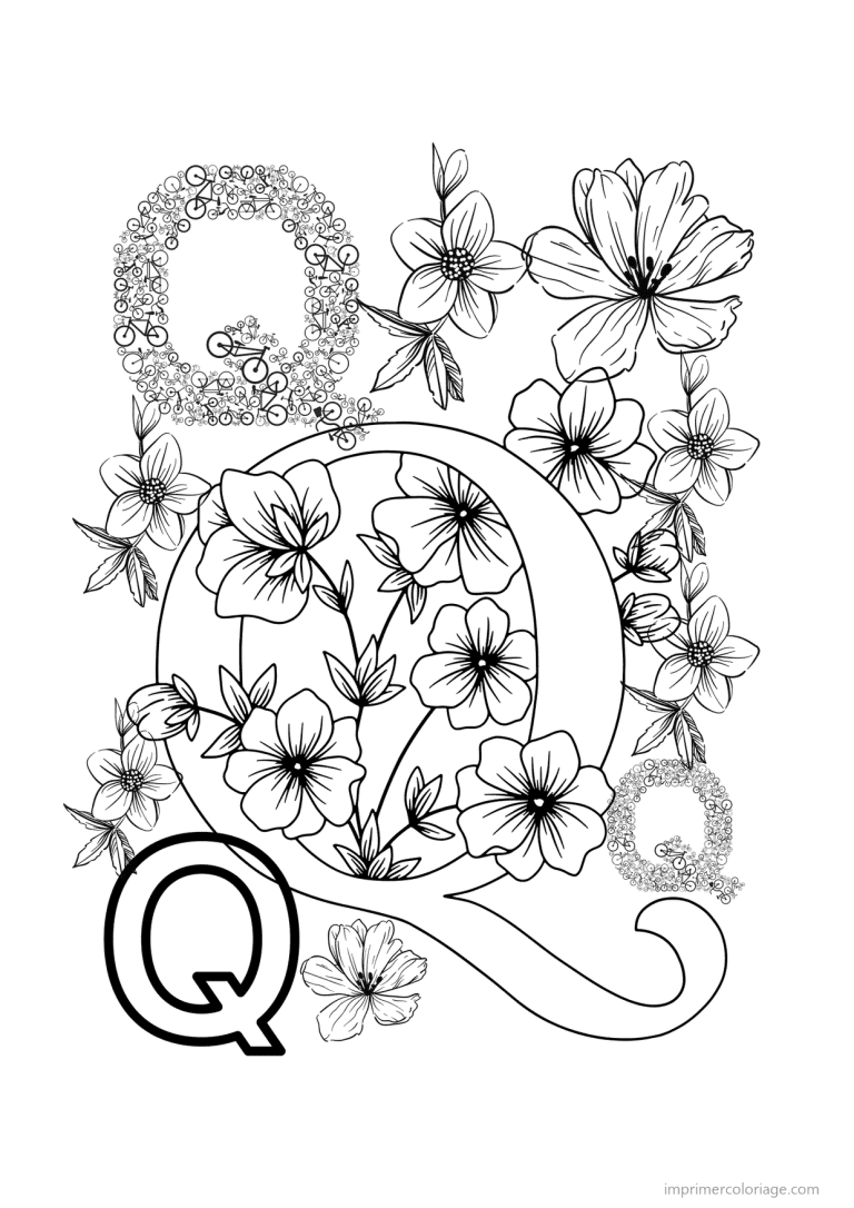 coloriage lettre q fleurs realistes - dessin gratuit &agrave; imprimer