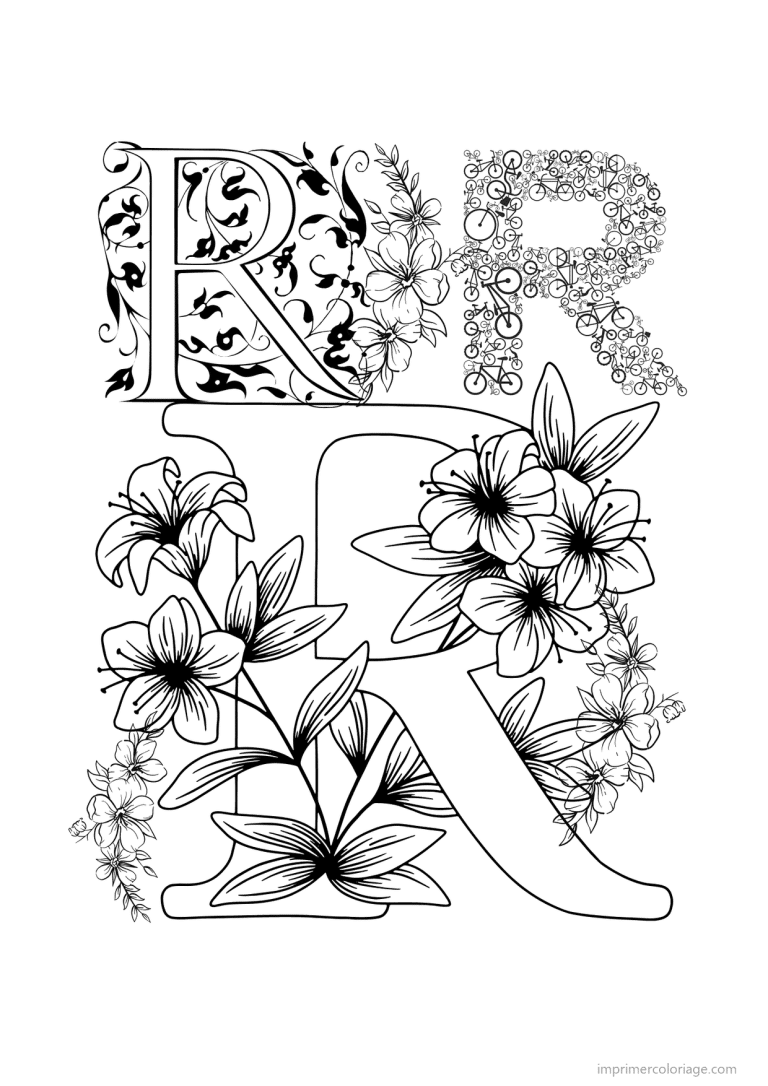 coloriage lettre r fleurs realistes - dessin gratuit &agrave; imprimer