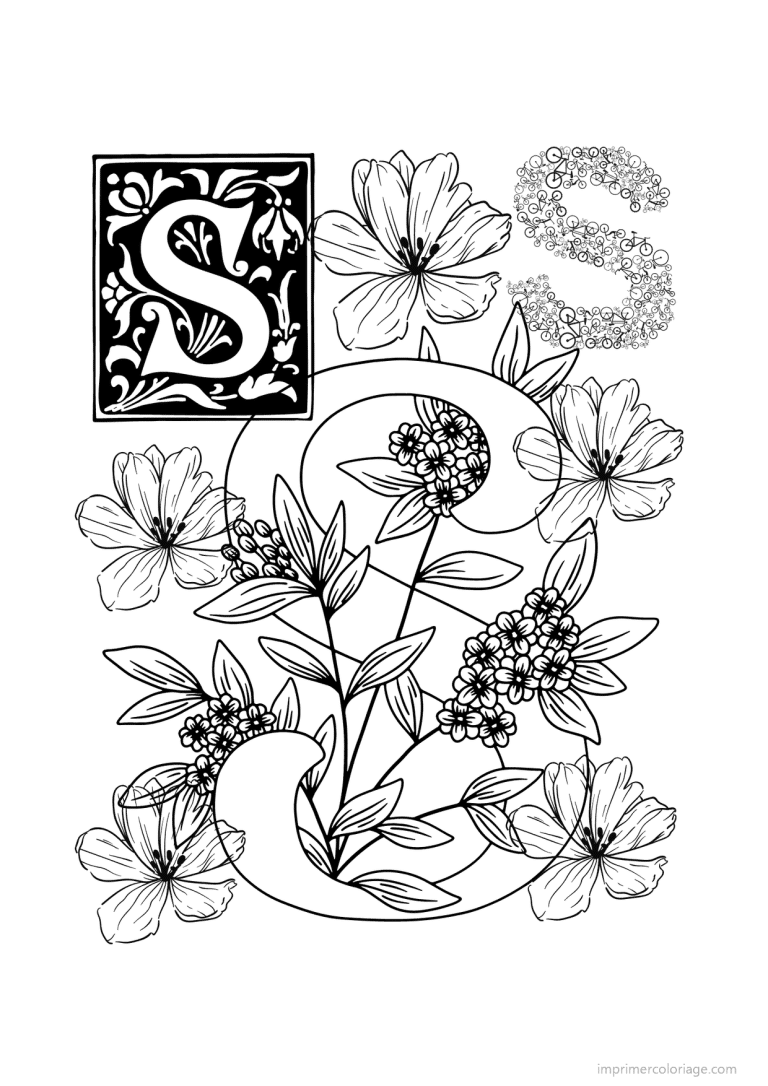 coloriage lettre s fleurs realistes - dessin gratuit &agrave; imprimer