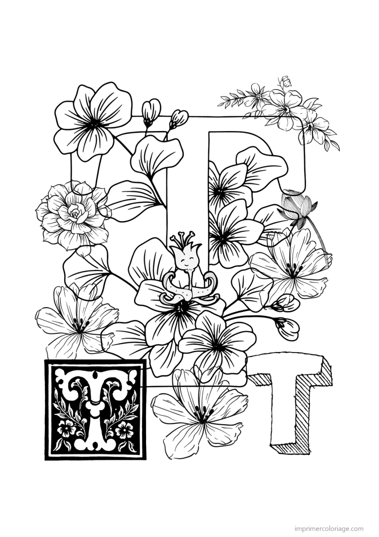 coloriage lettre t fleurs realistes - dessin gratuit &agrave; imprimer