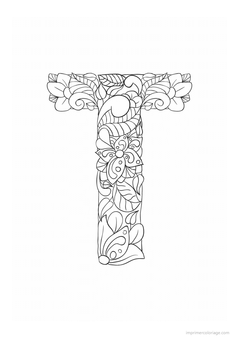 coloriage lettre t fleurs zen - dessin gratuit &agrave; imprimer