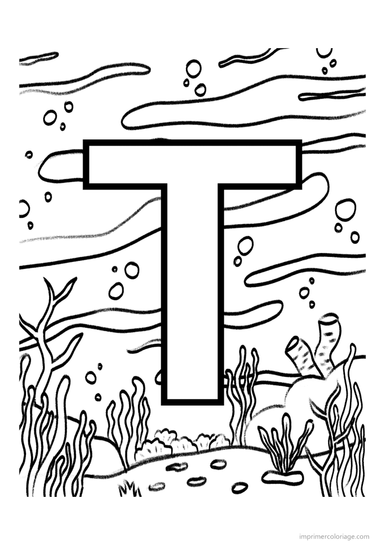 coloriage lettre t fond marin - dessin gratuit &agrave; imprimer