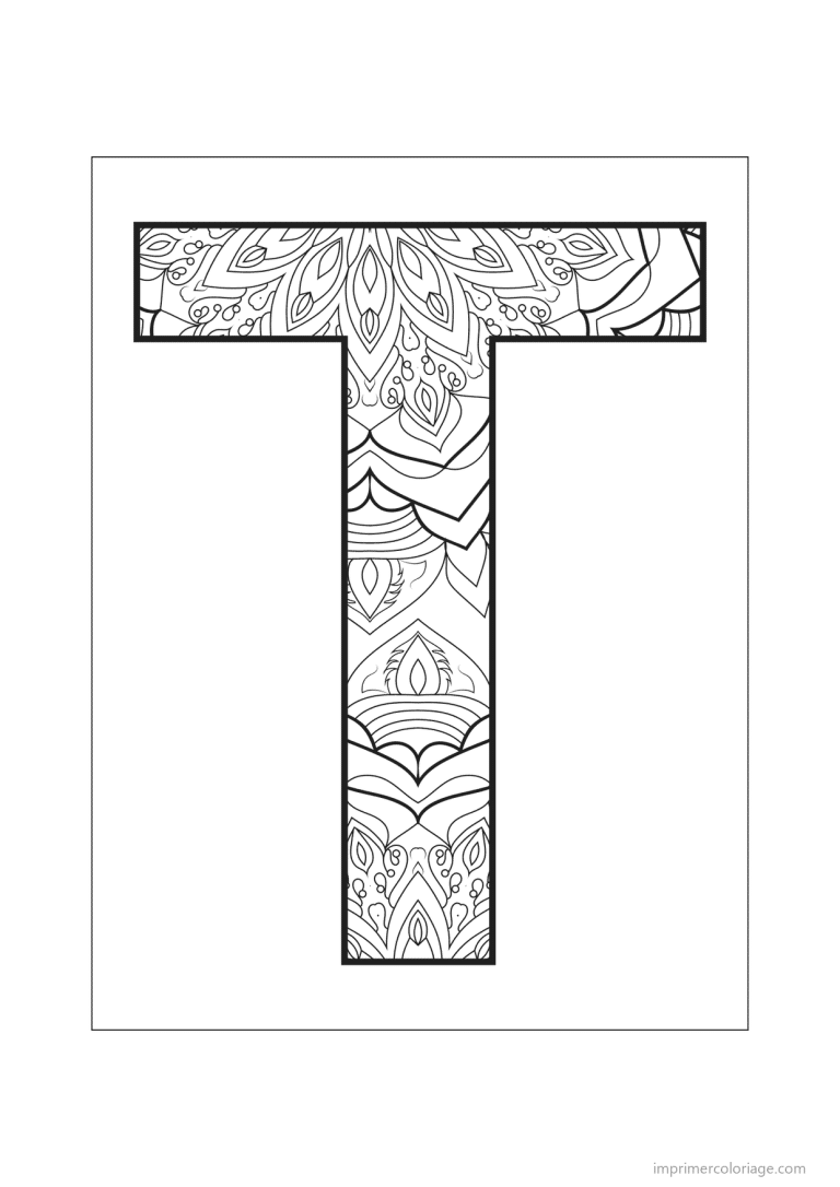 coloriage lettre t mandala fleuri - dessin gratuit &agrave; imprimer