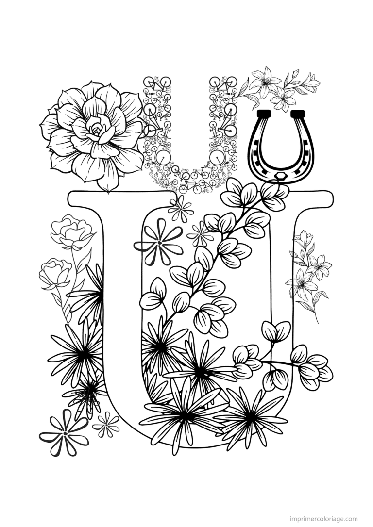 coloriage lettre u fleurs realistes - dessin gratuit &agrave; imprimer