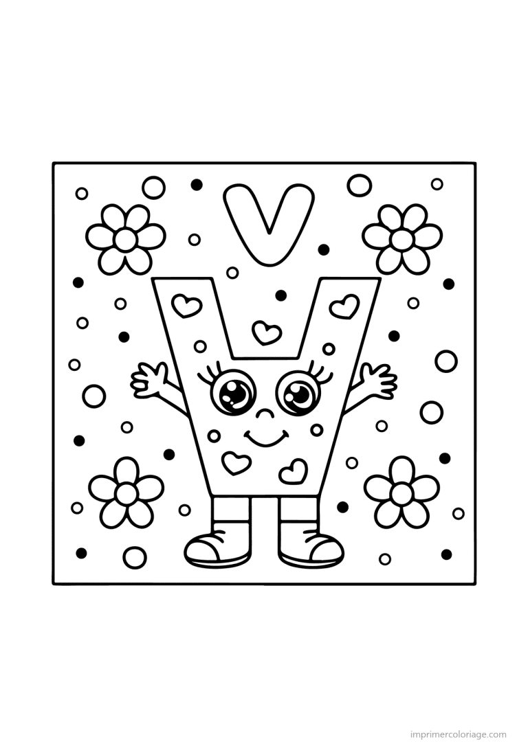 coloriage lettre v bonhomme fleurs - dessin gratuit &agrave; imprimer