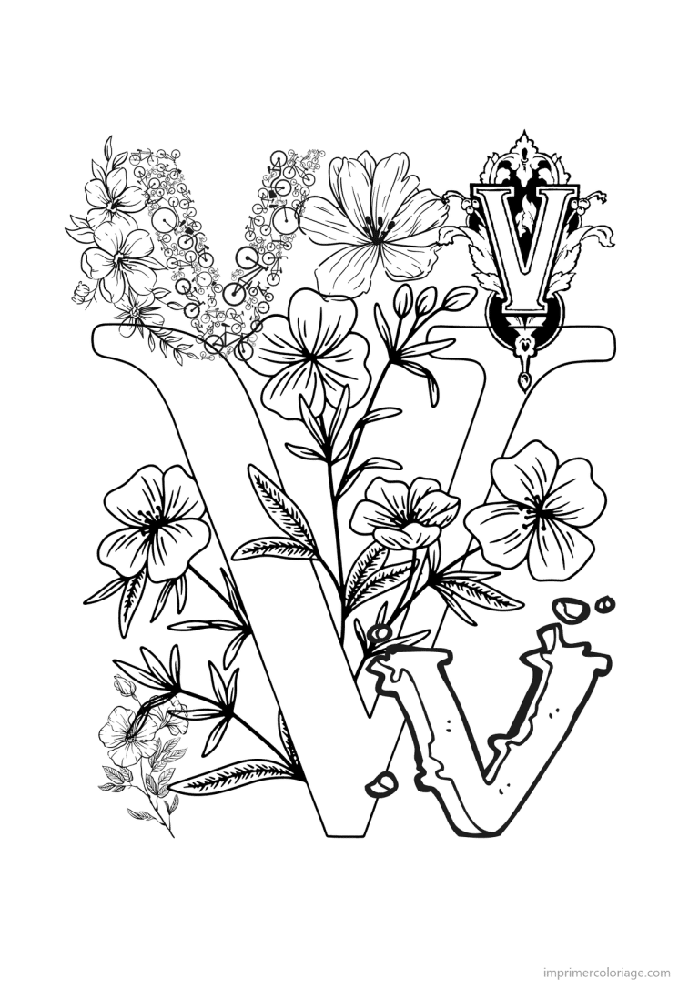 coloriage lettre v fleurs realistes - dessin gratuit &agrave; imprimer