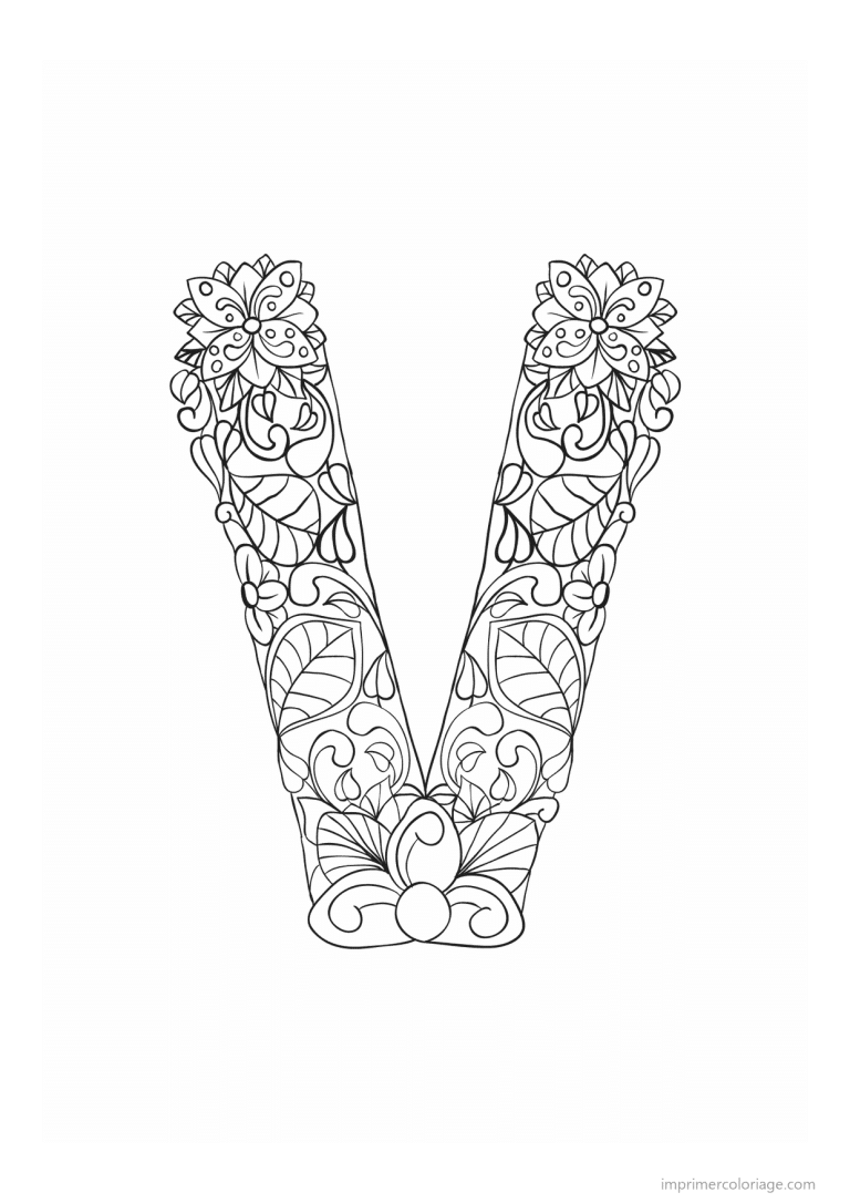 coloriage lettre v fleurs zen - dessin gratuit &agrave; imprimer