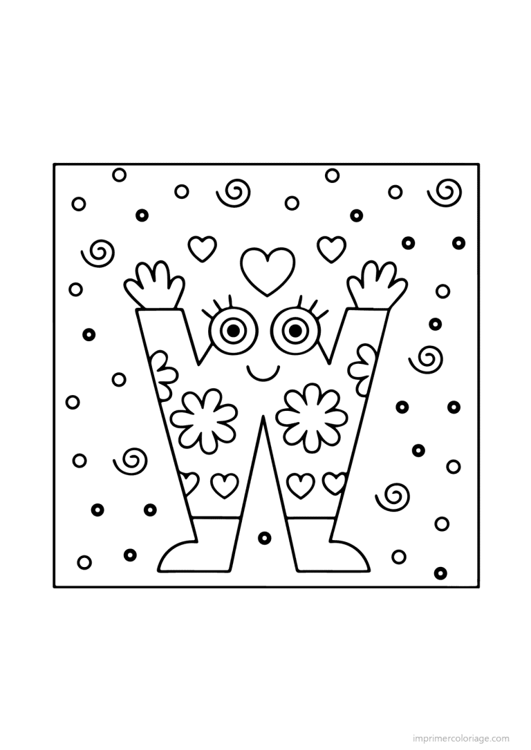 coloriage lettre w bonhomme fleurs - dessin gratuit &agrave; imprimer