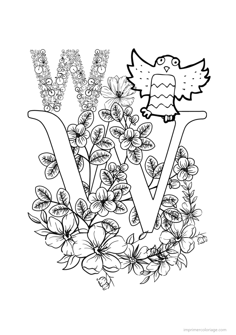 coloriage lettre w fleurs realistes - dessin gratuit &agrave; imprimer