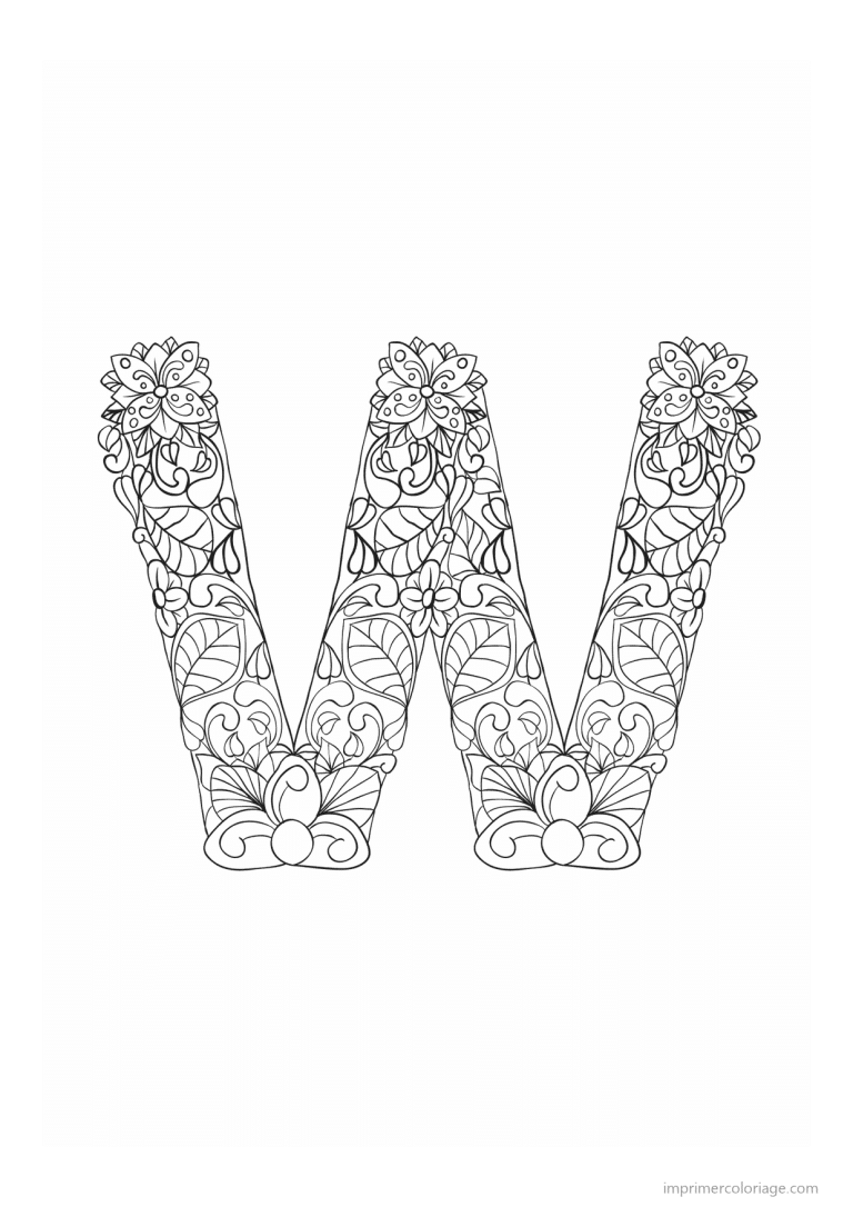 coloriage lettre w fleurs zen - dessin gratuit &agrave; imprimer
