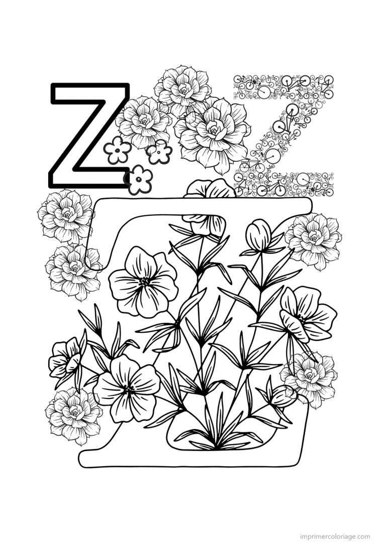 coloriage lettre z fleurs realistes - dessin gratuit &agrave; imprimer