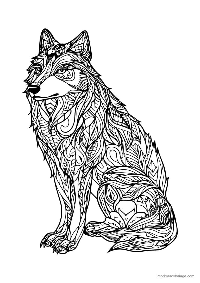 coloriage loup mandala assis ornemental - dessin gratuit &agrave; imprimer