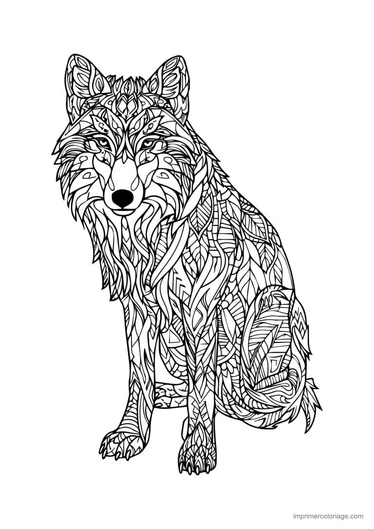 coloriage loup mandala assis poitrail orne - dessin gratuit &agrave; imprimer