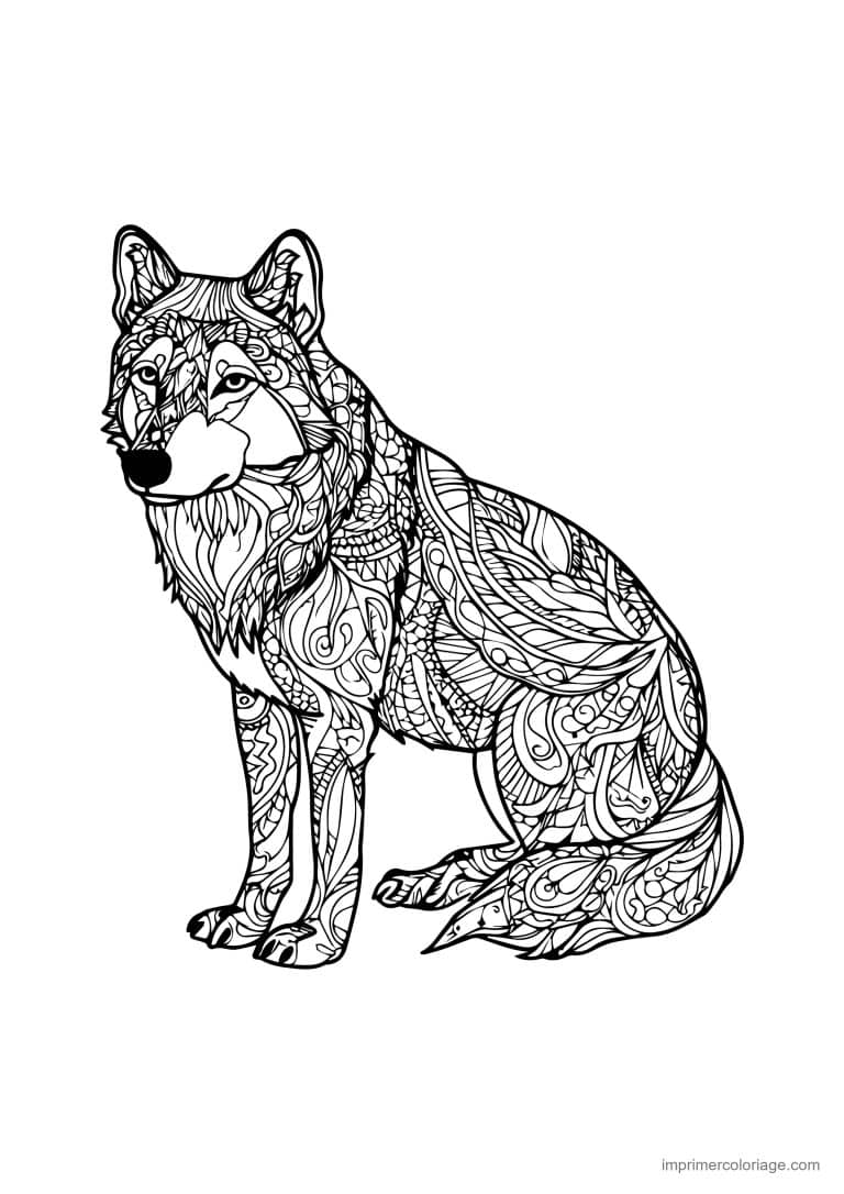 coloriage loup mandala assis profil motifs - dessin gratuit &agrave; imprimer