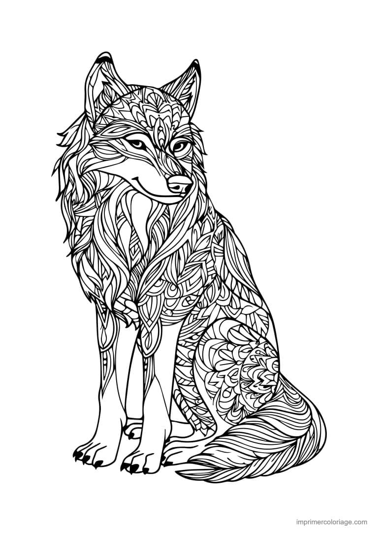 coloriage loup mandala assis queue touffue - dessin gratuit &agrave; imprimer