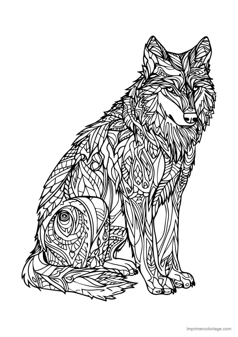 coloriage loup mandala assis spirales texturees - dessin gratuit &agrave; imprimer