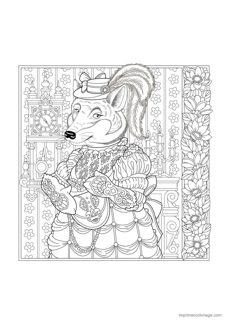 coloriage loup mandala dame louve cadre fleuri - dessin gratuit &agrave; imprimer