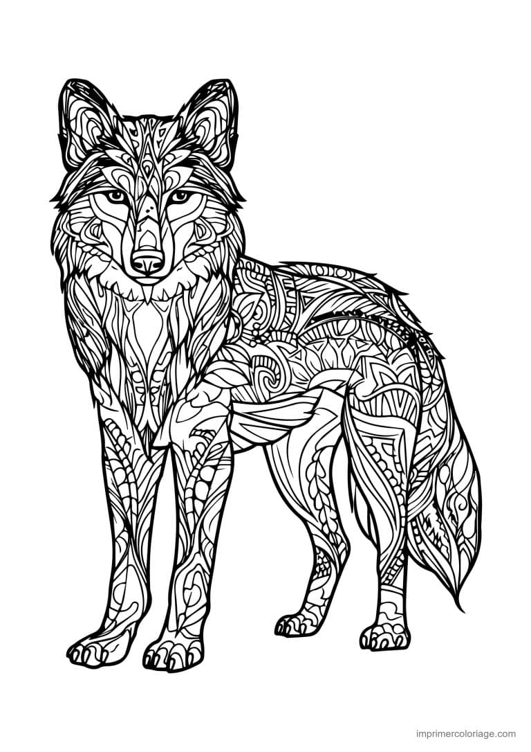 coloriage loup mandala debout corps symetrique - dessin gratuit &agrave; imprimer