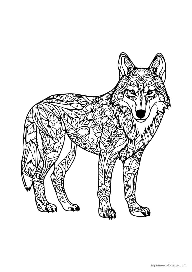 coloriage loup mandala debout fleur sur flanc - dessin gratuit &agrave; imprimer