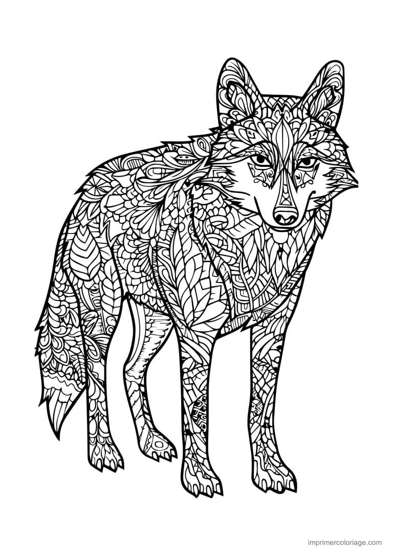 coloriage loup mandala debout floral integral - dessin gratuit &agrave; imprimer