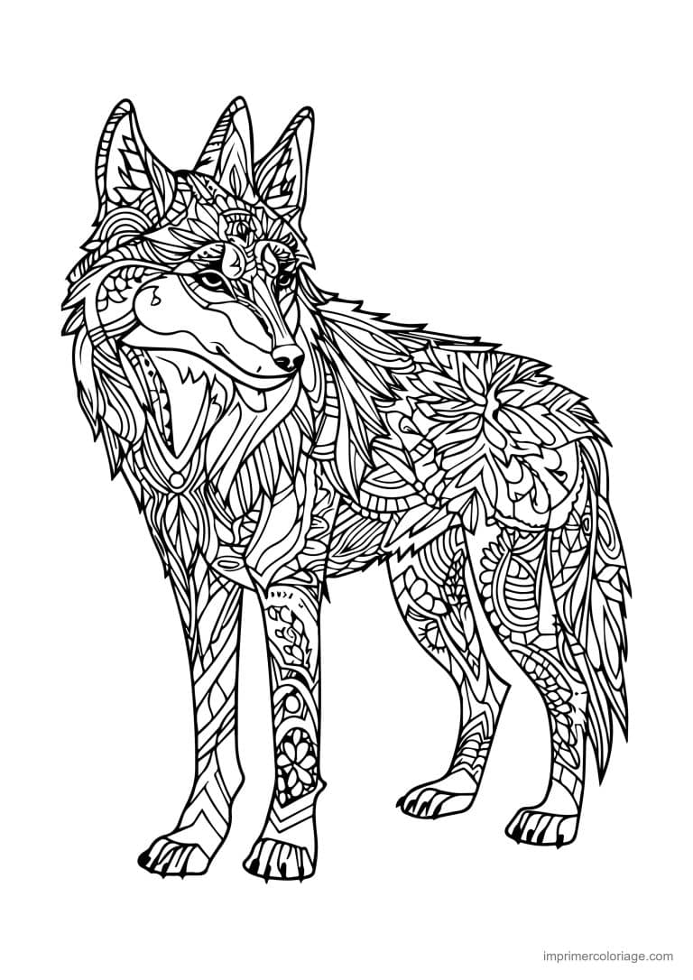 coloriage loup mandala debout motifs floraux - dessin gratuit &agrave; imprimer