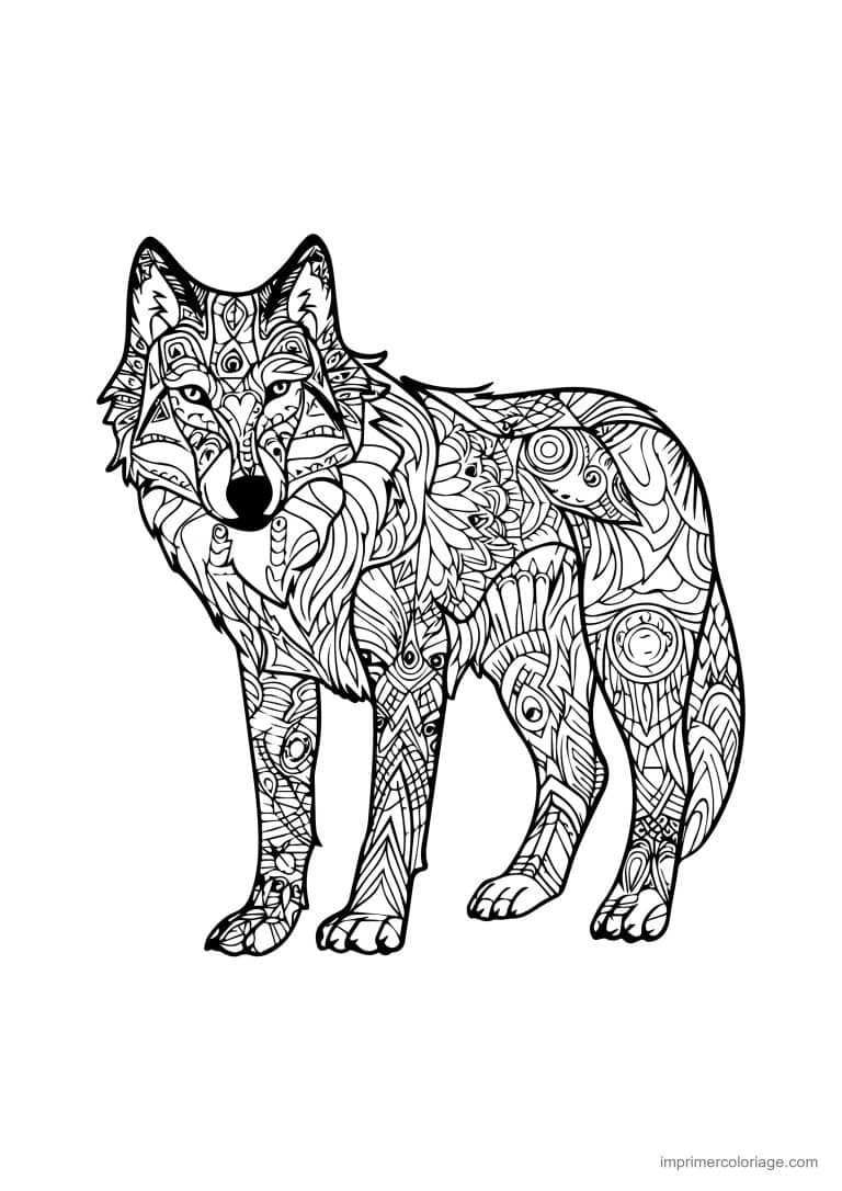 coloriage loup mandala debout motifs geometriques - dessin gratuit &agrave; imprimer