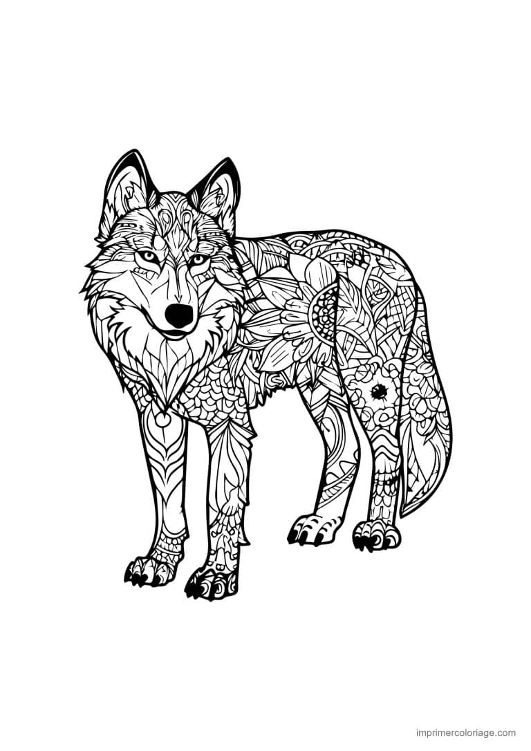 coloriage loup mandala debout oreilles dressees - dessin gratuit &agrave; imprimer