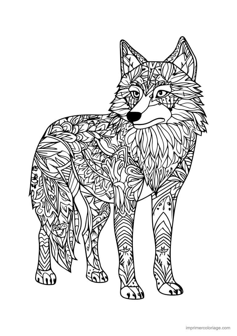 coloriage loup mandala debout pelage fourni - dessin gratuit &agrave; imprimer
