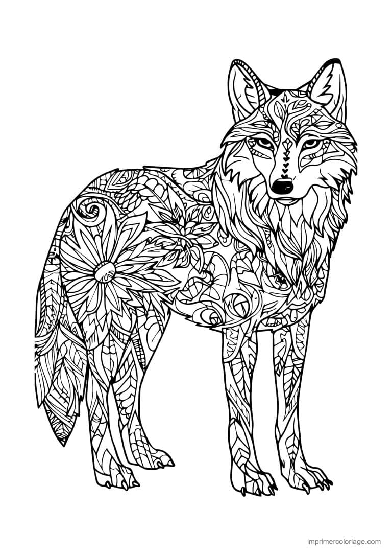 coloriage loup mandala debout rosace epaule - dessin gratuit &agrave; imprimer