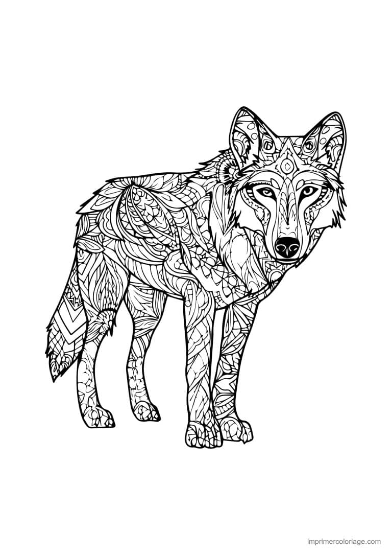 coloriage loup mandala debout tete tournee - dessin gratuit &agrave; imprimer