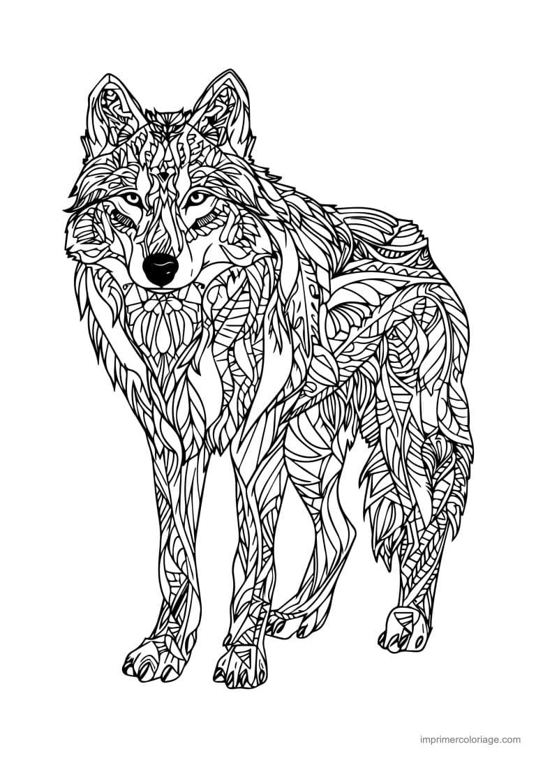 coloriage loup mandala debout zentangle dense - dessin gratuit &agrave; imprimer