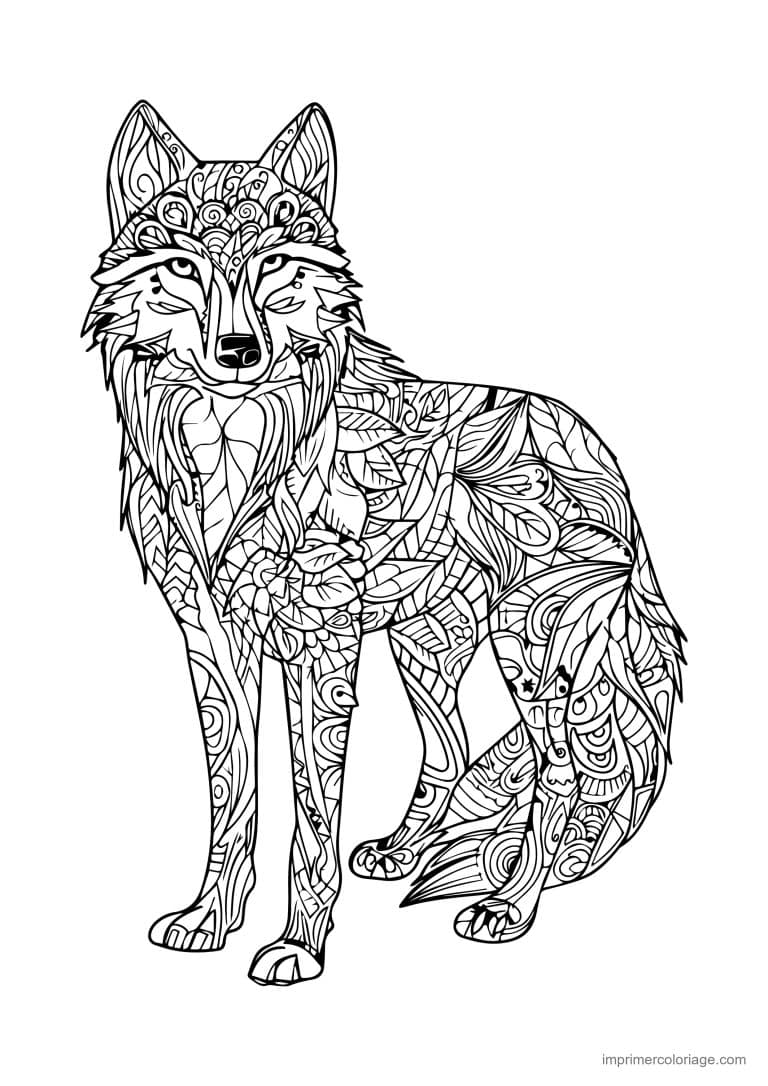 coloriage loup mandala en marche dynamique - dessin gratuit &agrave; imprimer