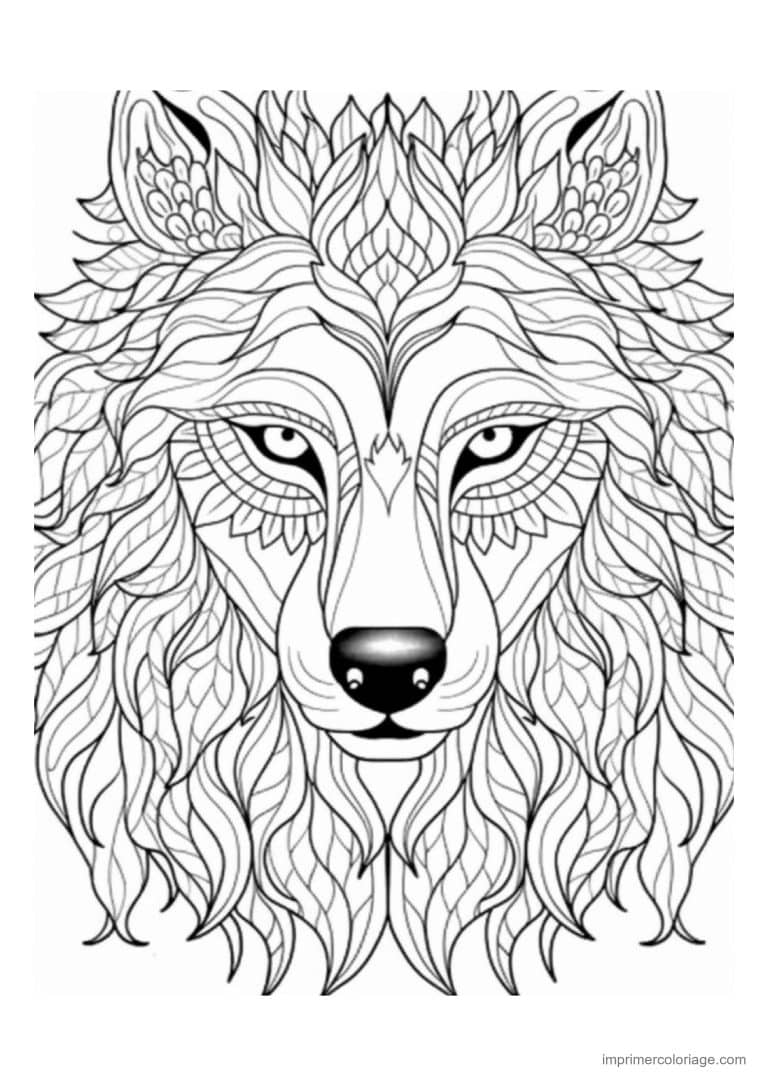 coloriage loup mandala tete couronne feuilles - dessin gratuit &agrave; imprimer