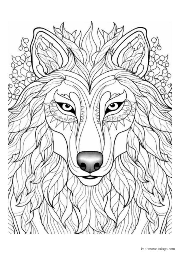 coloriage loup mandala tete fond fleuri - dessin gratuit &agrave; imprimer