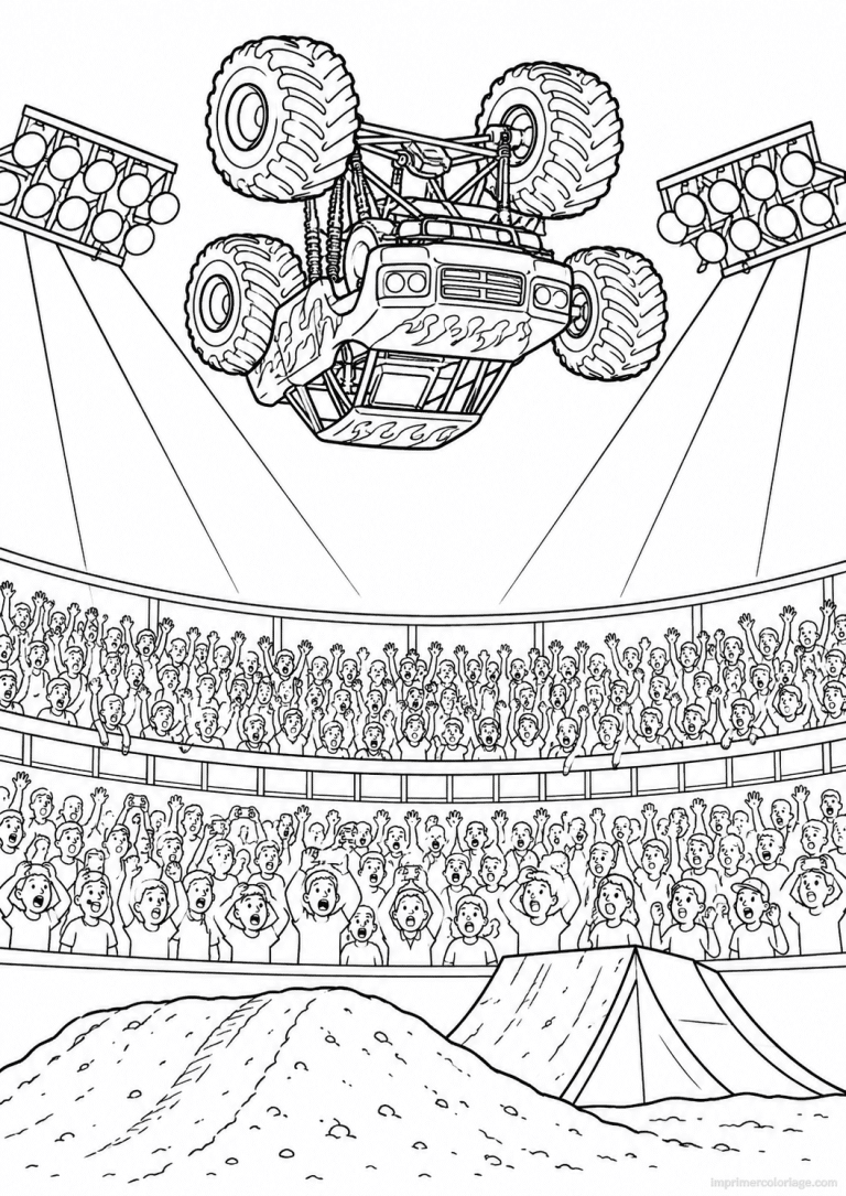 coloriage monster truck backflip foule lumieres - dessin gratuit &agrave; imprimer