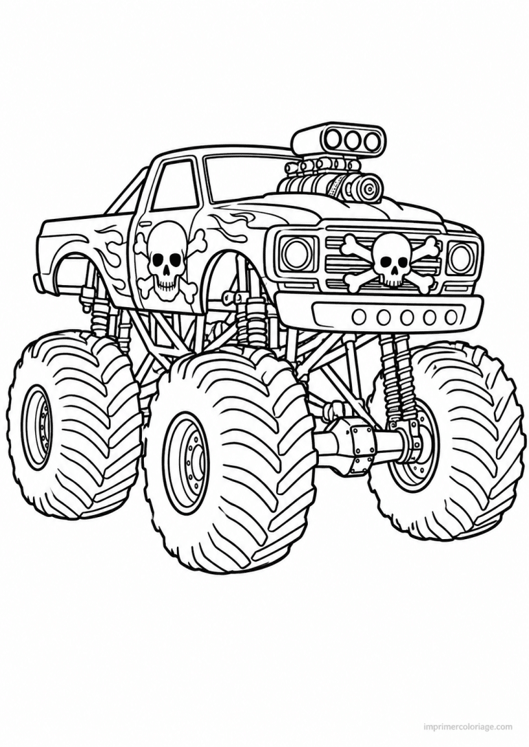 coloriage monster truck crane crossbones - dessin gratuit &agrave; imprimer
