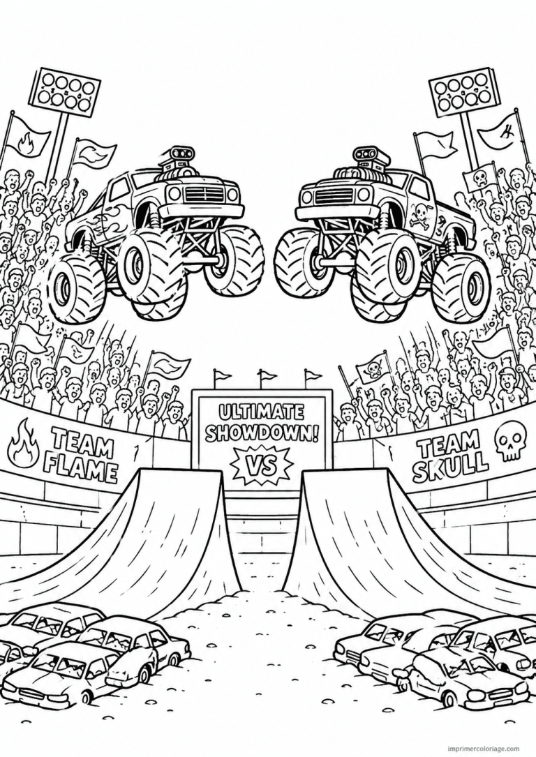 coloriage monster truck duel rampes stade - dessin gratuit &agrave; imprimer