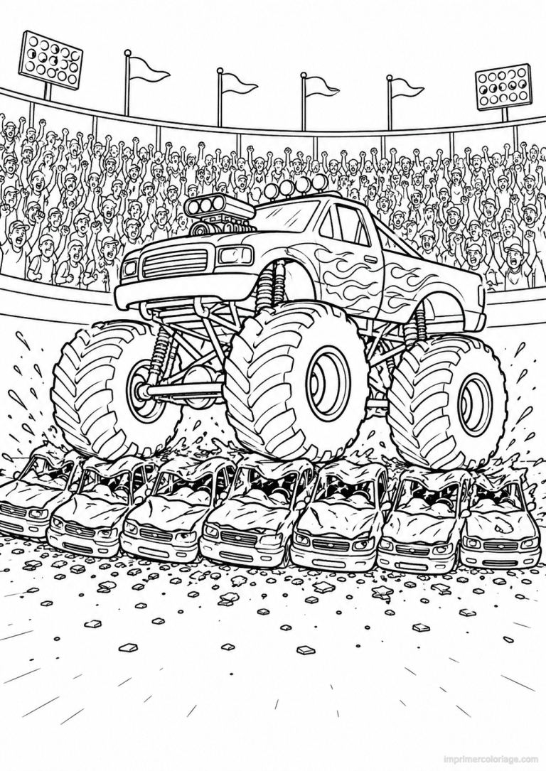coloriage monster truck ecrase voitures stade - dessin gratuit &agrave; imprimer