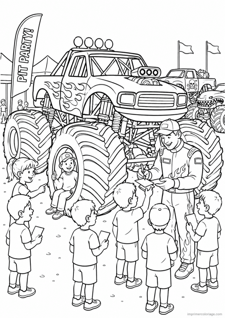 coloriage monster truck fans pilote autographes - dessin gratuit &agrave; imprimer