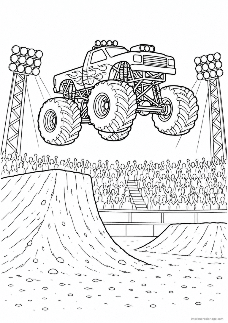 coloriage monster truck saut rampe aerien - dessin gratuit &agrave; imprimer