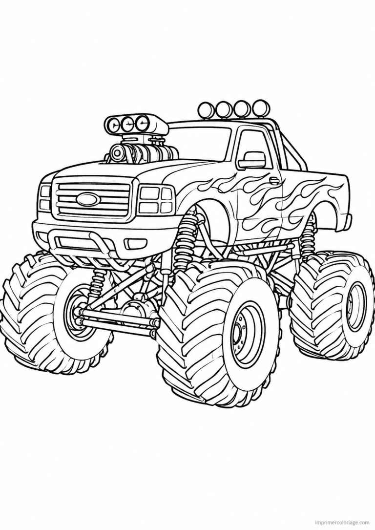 coloriage monster truck trois quarts avant - dessin gratuit &agrave; imprimer