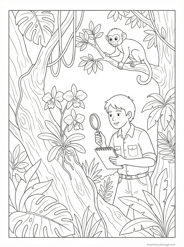 coloriage orchidee botaniste rare singe - dessin gratuit &agrave; imprimer