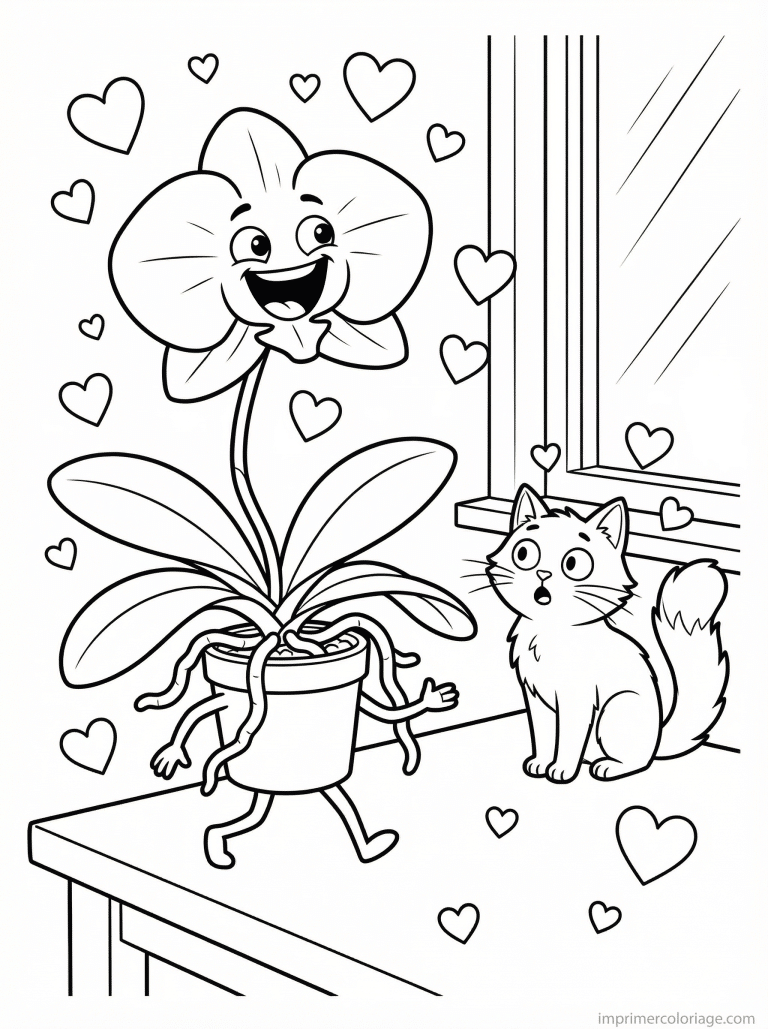 coloriage orchidee cute marche chat - dessin gratuit &agrave; imprimer