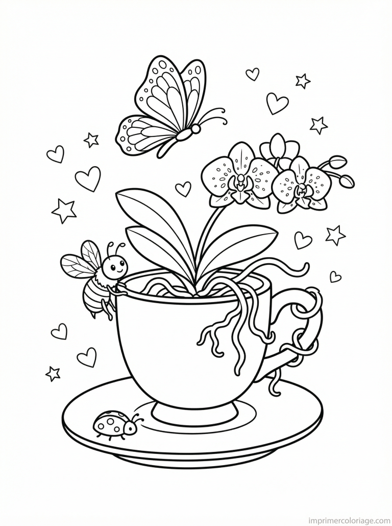 coloriage orchidee cute tasse abeille - dessin gratuit &agrave; imprimer