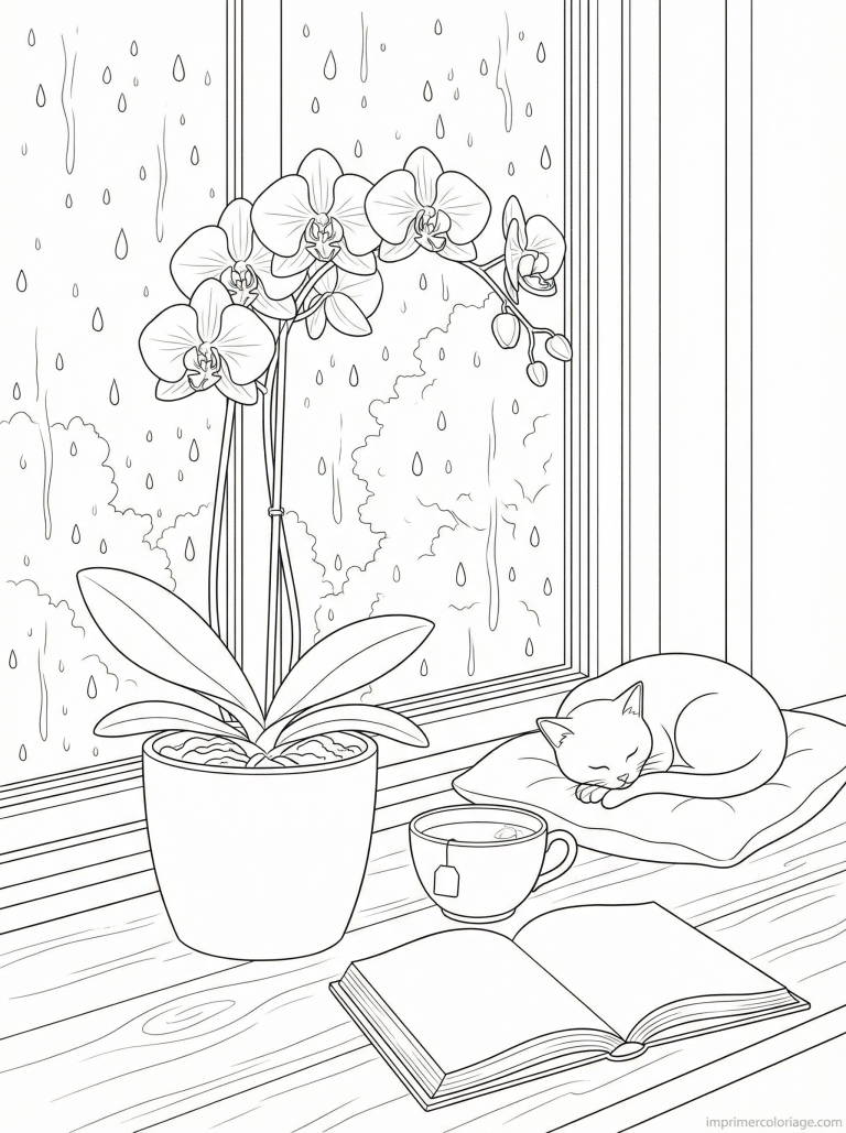 coloriage orchidee fenetre chat pluie - dessin gratuit &agrave; imprimer