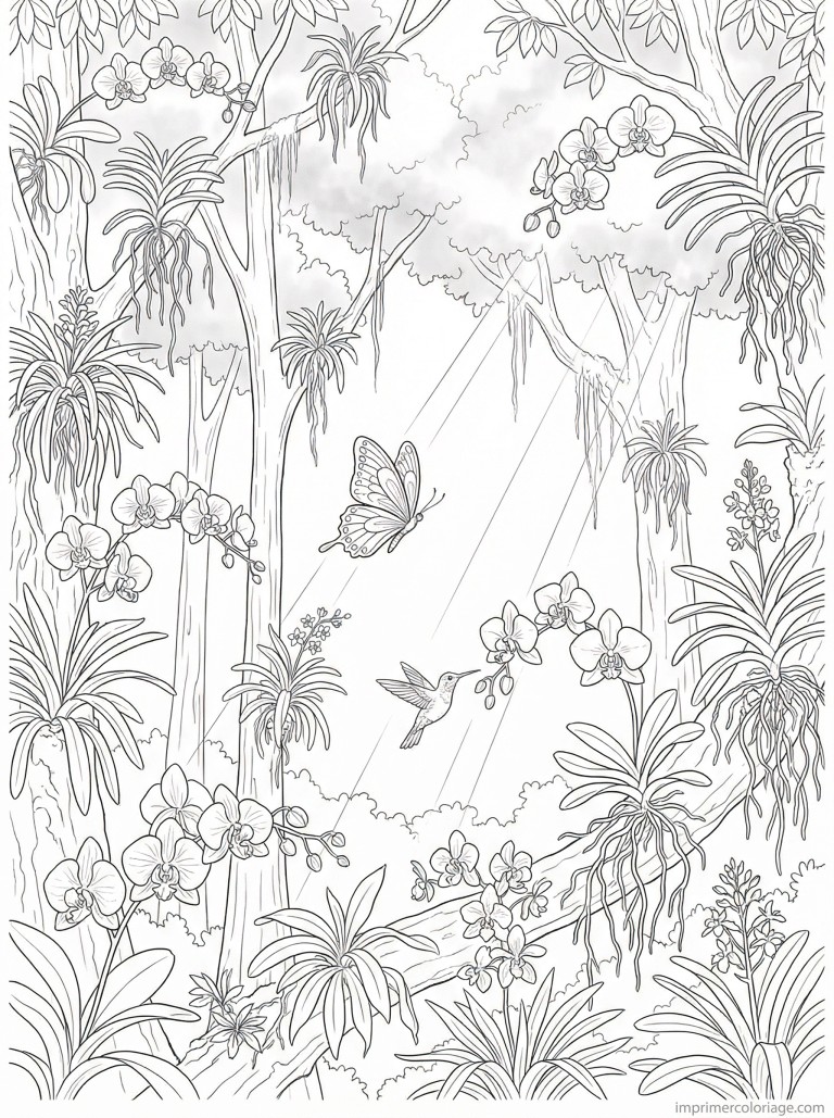 coloriage orchidee foret tropicale colibri - dessin gratuit &agrave; imprimer